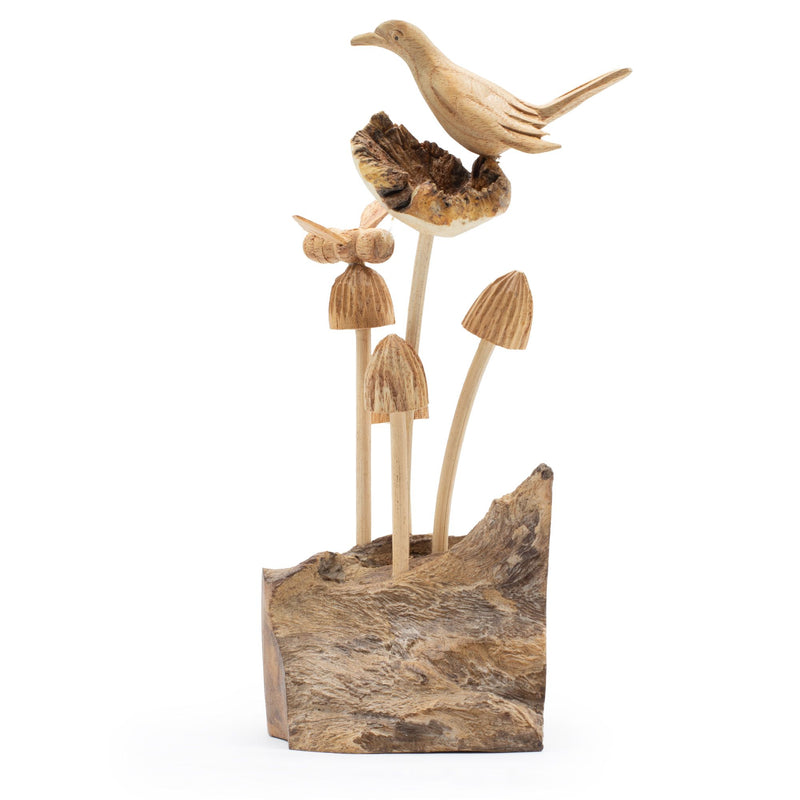 Handmade Parasite Wood Art Carving - Bird & Bee on Mushrooms product image