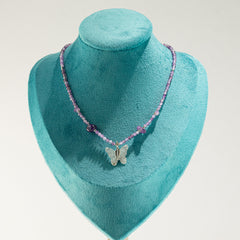 Nymph Amethyst Gemstone Necklace with Real Leaf Butterfly Pendant