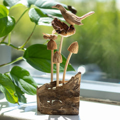 Handmade Parasite Wood Art Carving - Bird & Bee on Mushrooms product image 3