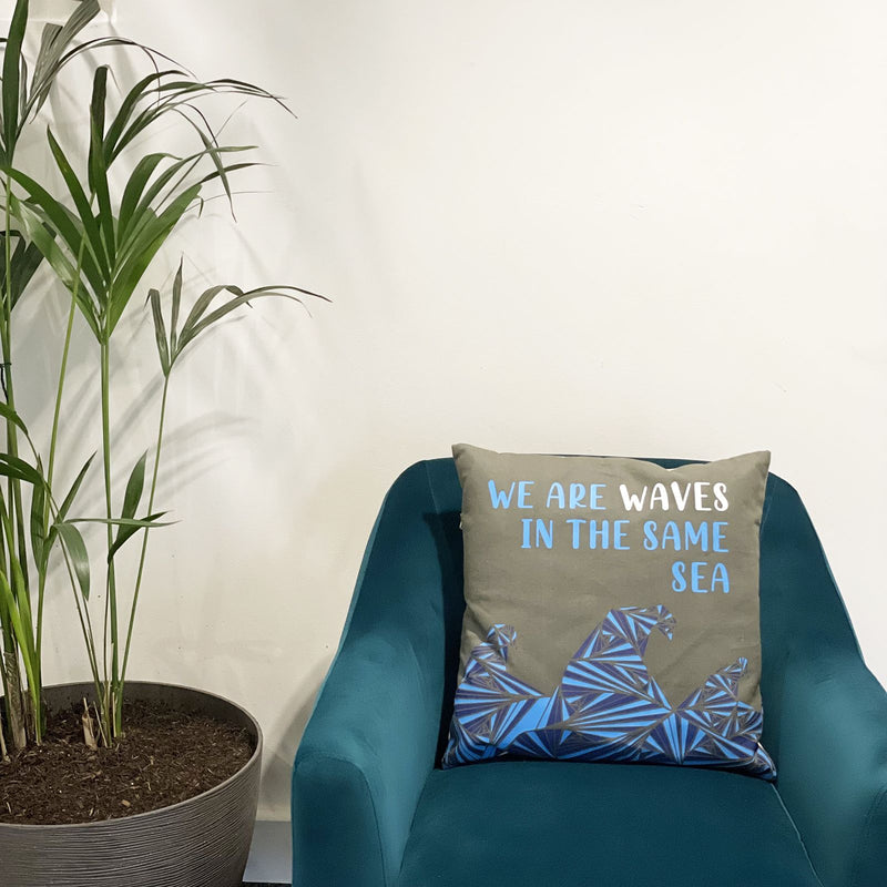 Printed Cotton Cushion Cover - We are Waves - Grey, Blue and Natural product image