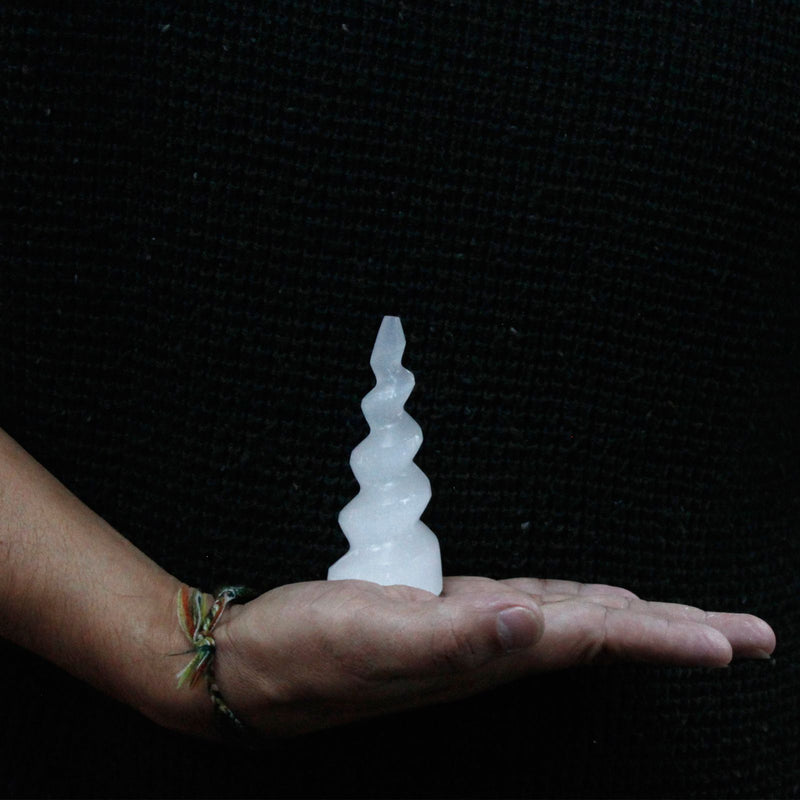 Selenite Spiral Unicorn Horn Tower - 10 cm product image