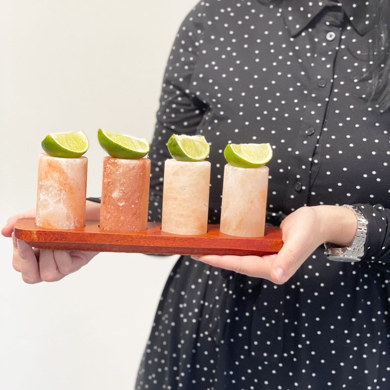 Set of 4 Himalayan Salt Shot Glasses & Wood Serving Stand product image