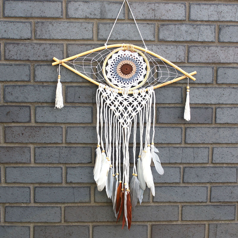 Protection Dream Catcher - Med Macrame Evil Eye White/ Grey/Brown product image