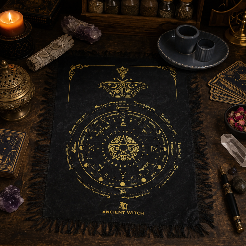 Ancient Witch Pendulum Divination Cloth - Mystic Moth - Black & Gold product image