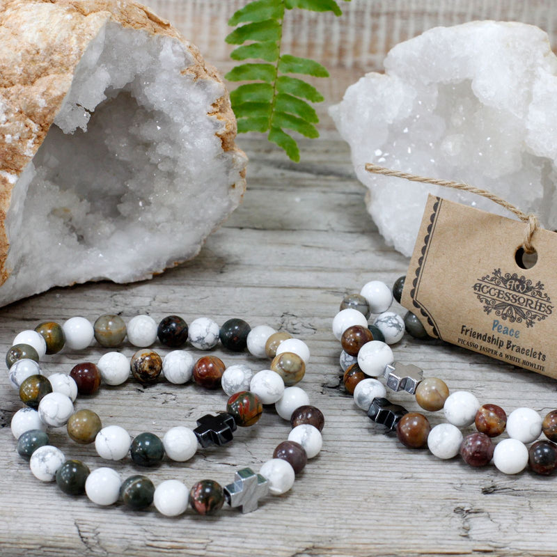 Set of 2 Gemstones Friendship Bracelets - Peace - Picasso Jasper & White Howlite product image