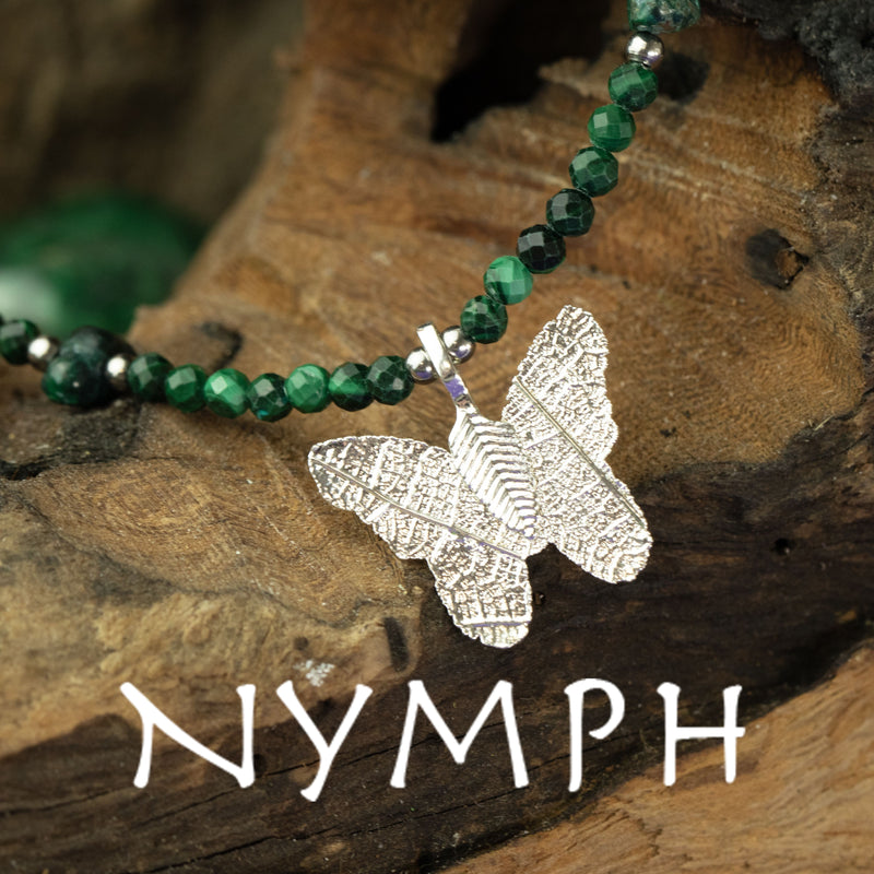 Nymph Malachite Gemstone Necklace with Real Leaf Butterfly Pendant
