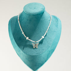 Nymph Rose Quartz Gemstone Necklace with Real Leaf Butterfly Pendant