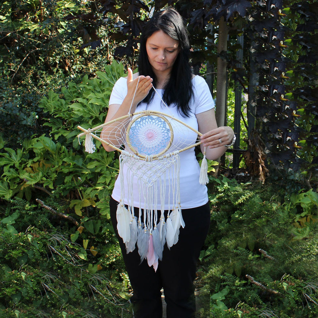 Protection Dream Catcher - Med Macrame Evil Eye White/ Grey/Brown product image 2