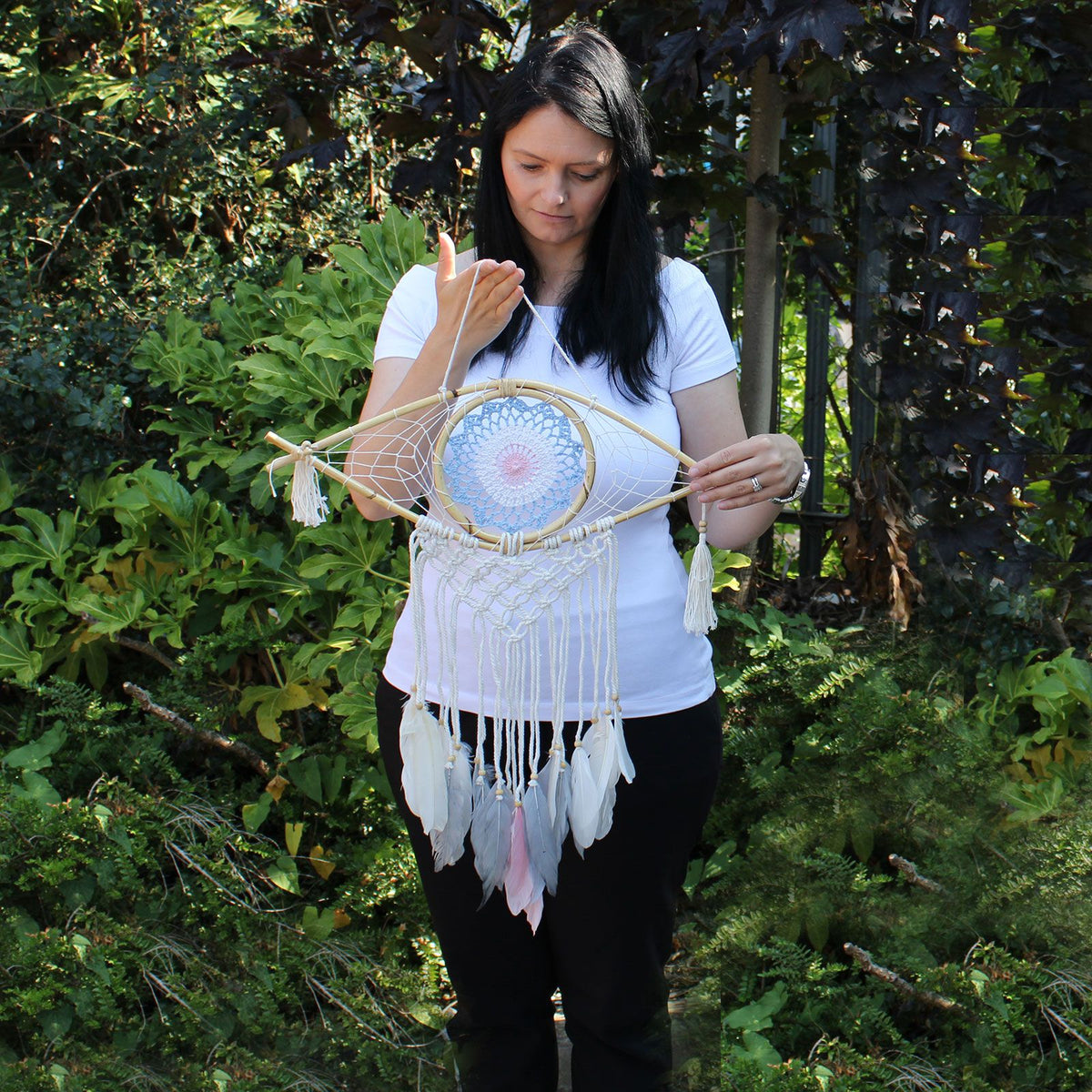 Protection Dream Catcher - Med Macrame Evil Eye White/ Blue/Grey product image 3