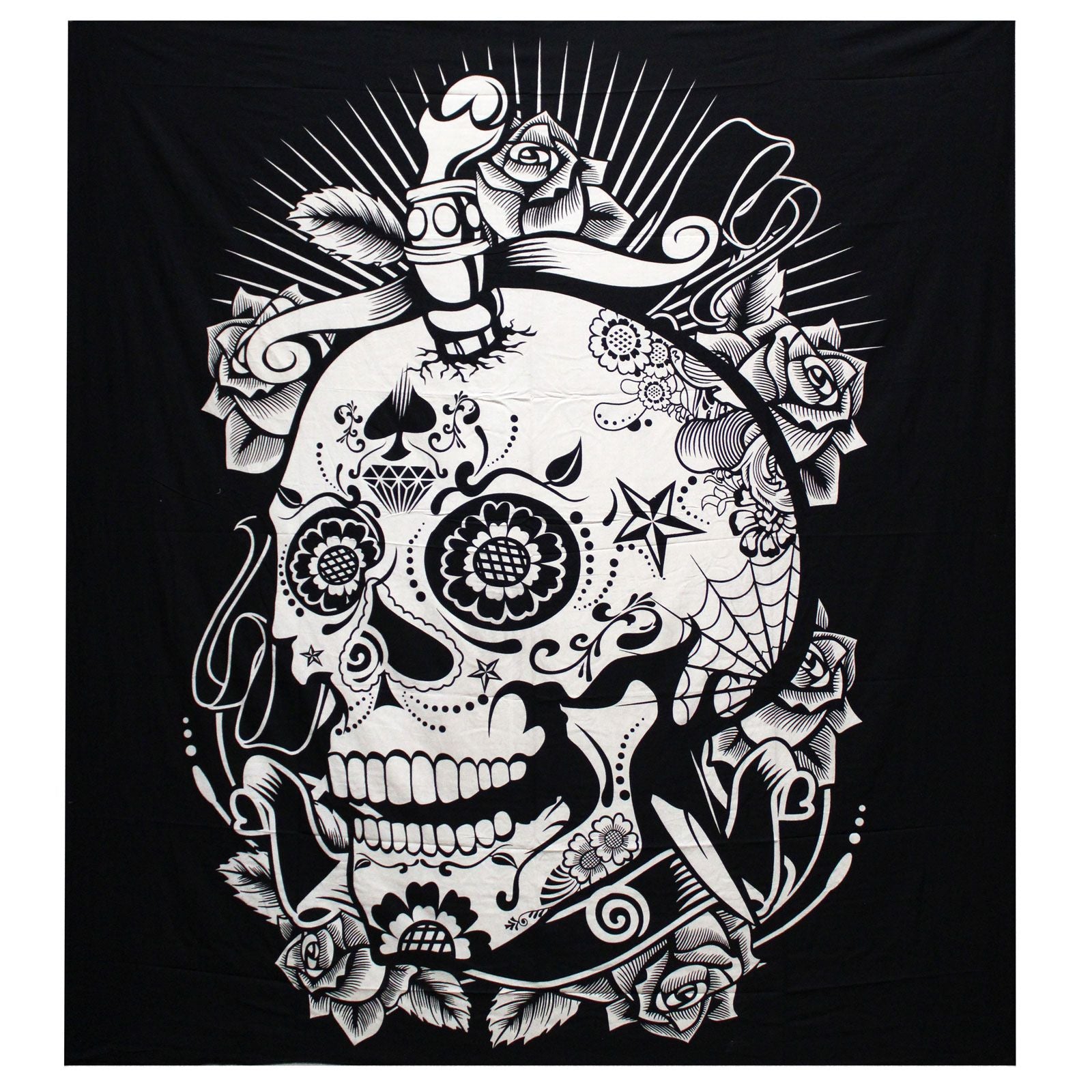 B&W Double Cotton Bedspread + Wall Hanging - Rose Skull product image