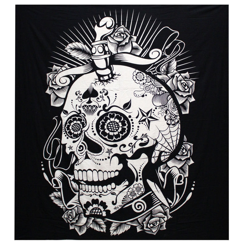 B&W Double Cotton Bedspread + Wall Hanging - Rose Skull product image