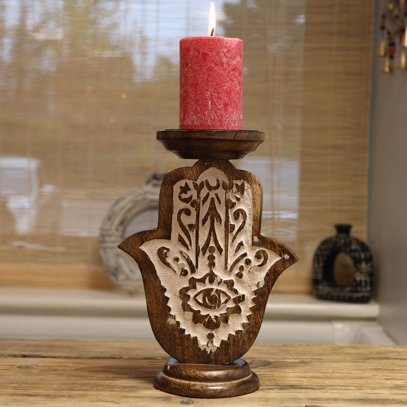 Mango Wood Candle Stand - Hamsa - Small product image