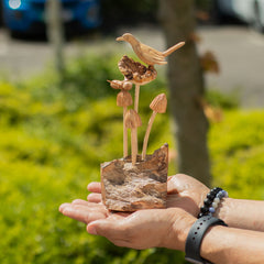 Handmade Parasite Wood Art Carving - Bird & Bee on Mushrooms product image 2