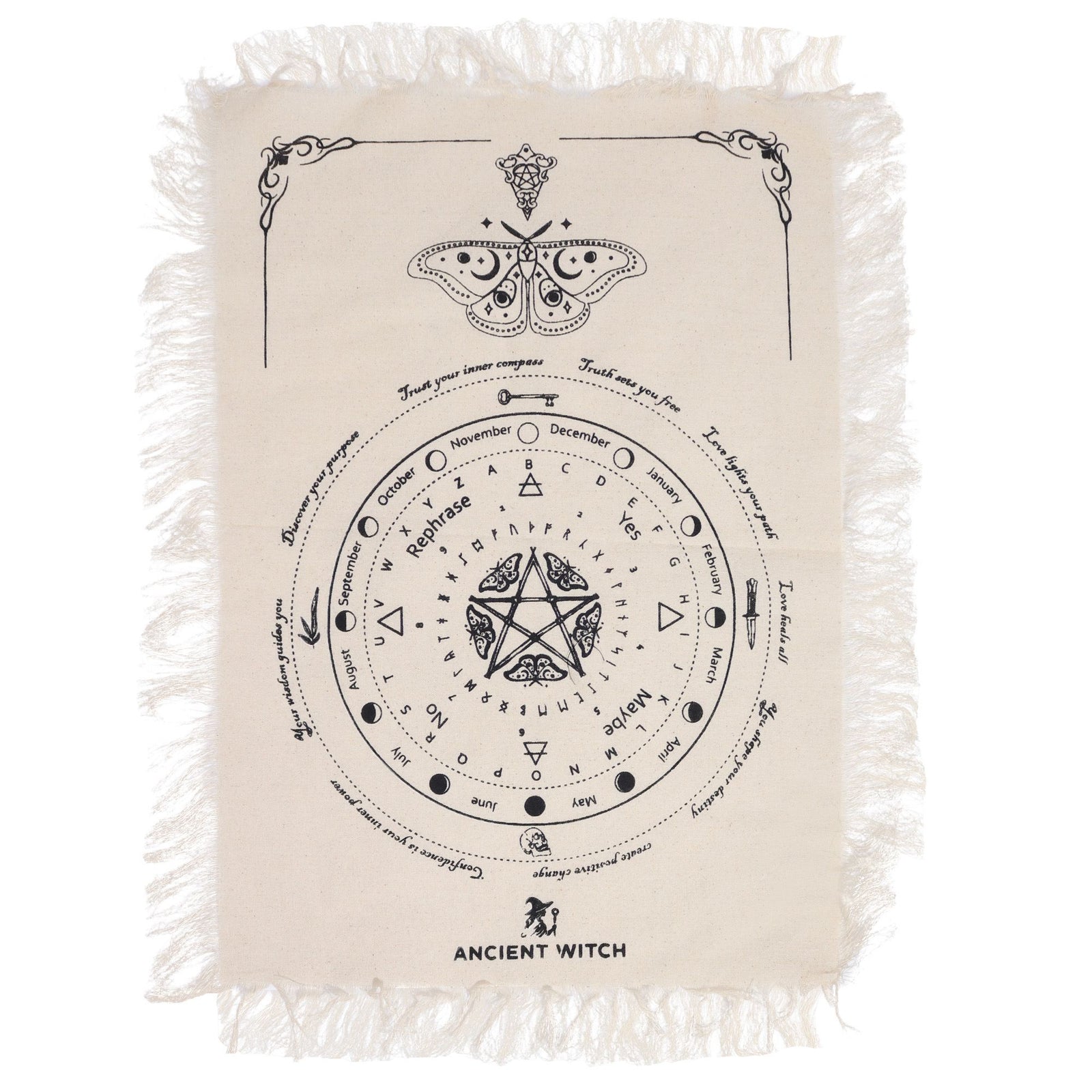 Ancient Witch Pendulum Divination Cloth - Mystic Moth - Natural & Black product image