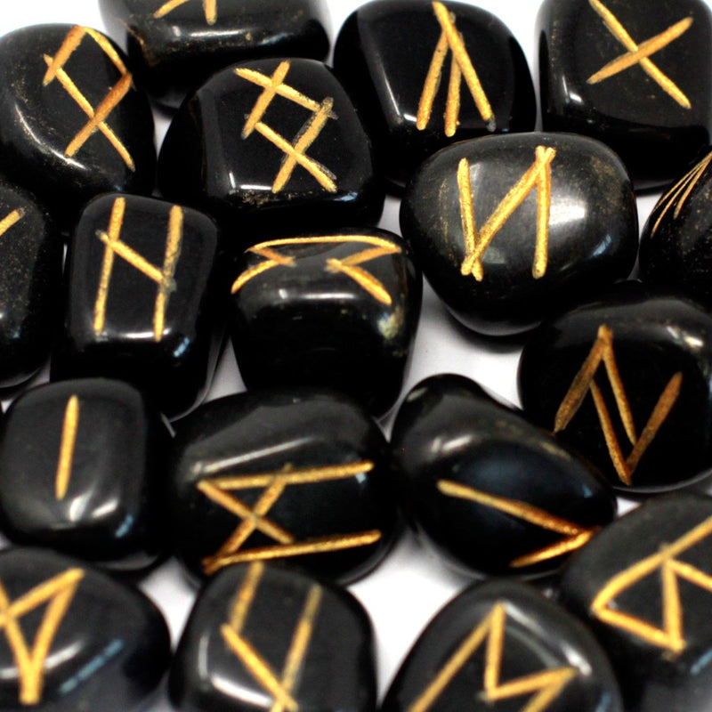 Runes Stone Set in Pouch - Black Agate product image