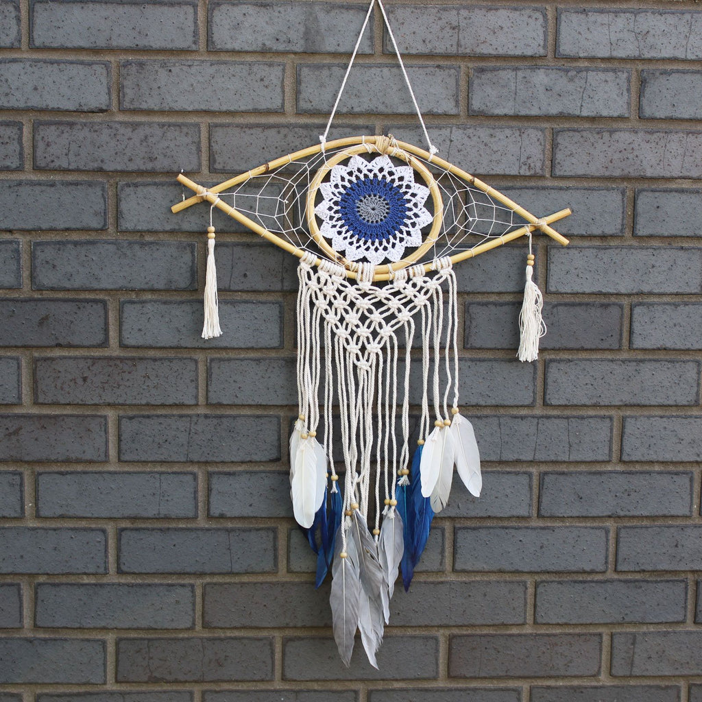 Protection Dream Catcher - Med Macrame Evil Eye White/ Blue/Grey product image
