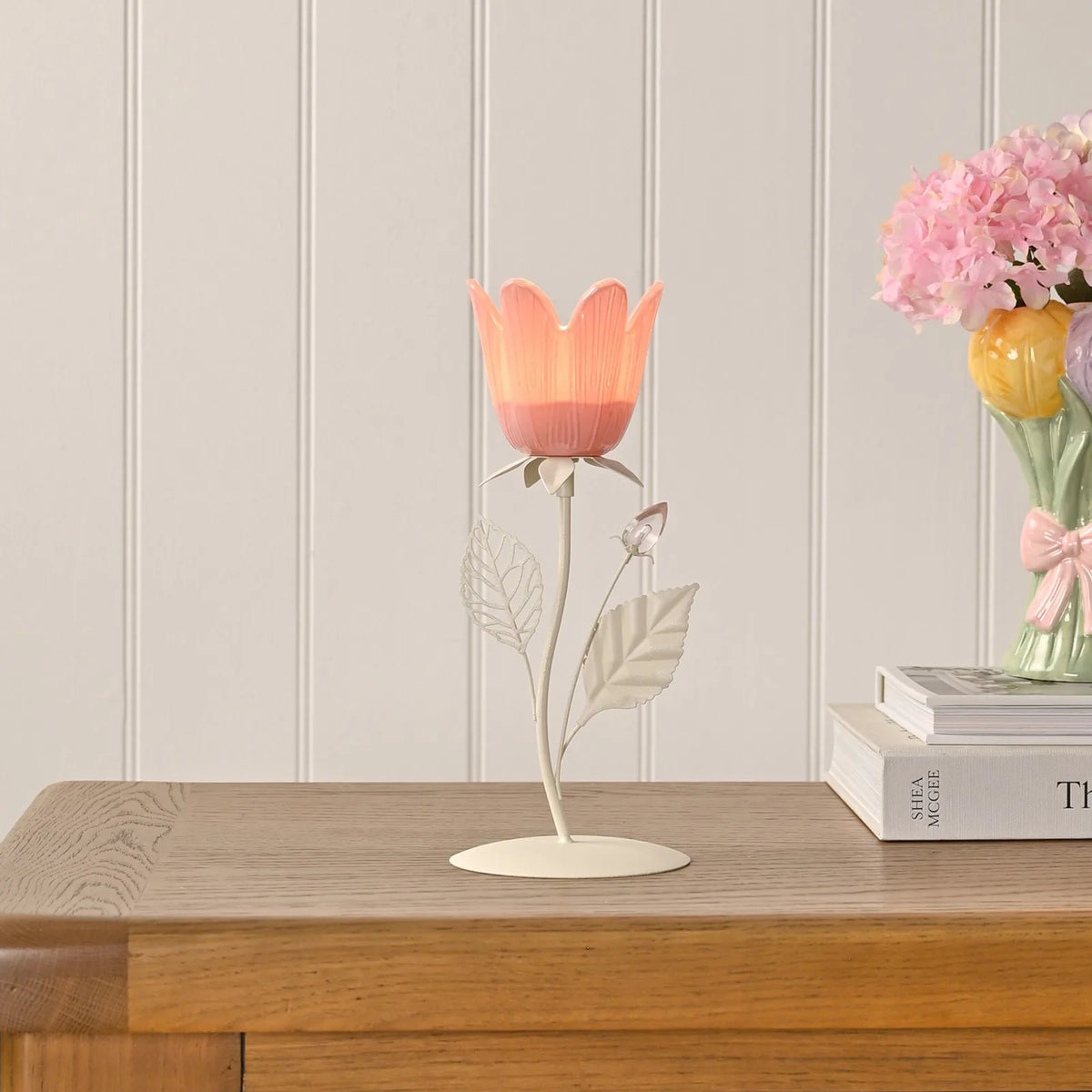 Hestia pink and cream floral single candle holder