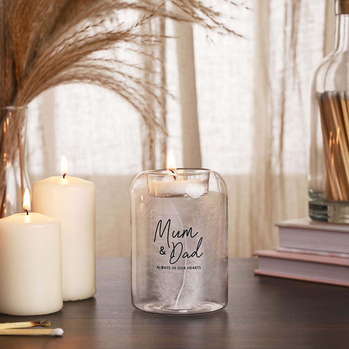 Thoughts of You Feather Glass Tea Light Holder - Mum & Dad